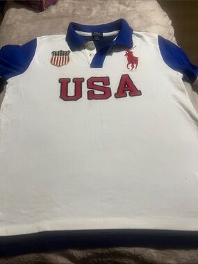 Polo by Ralph Lauren White Polo with Royal Blue Accents and Red USA Patch